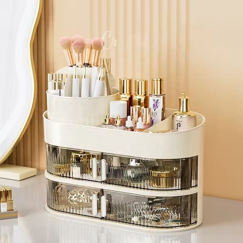 New Design 360 Degree Rotating Dustproof Acrylic Makeup Storage Boxes with Makeup Brush Holder