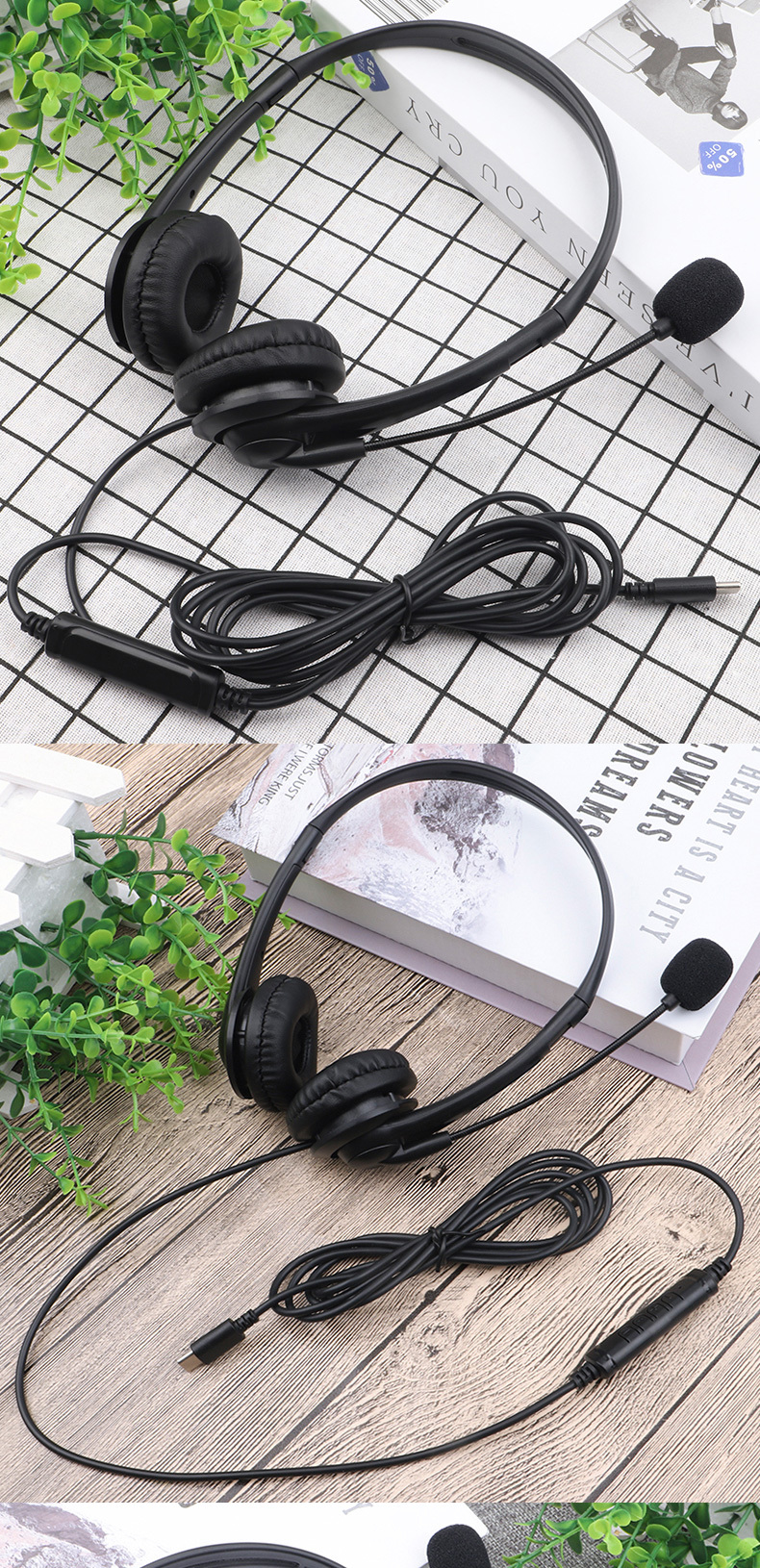 JTY-430 professional call center earphones with microphone, multiple plugs USB/Type-C/3.5mm wired earphones, comfortable to wear earphones, suitable for online learning and business conference calls