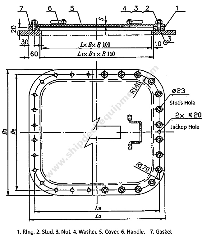 Square Semi-Flush Marine Manhole Cover | CB/T 4392 Type BC Multi-Bolt Design