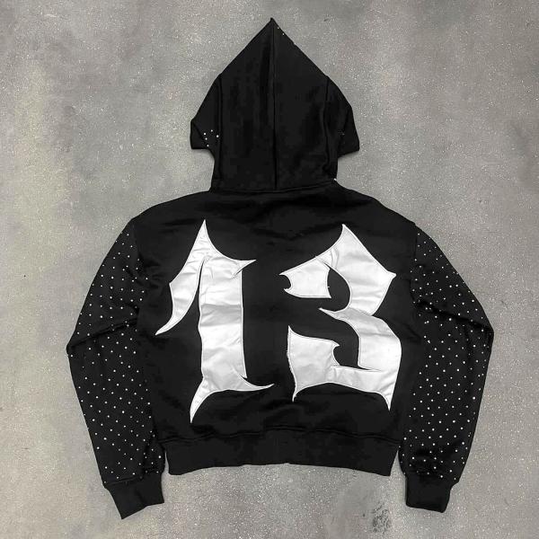 Men'S Cotton French Terry Hoodie Cropped Zip With Acid Wash Embroidery Applique Patch