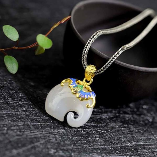 Gold Plated 925 Silver Enamel White Jade Elephant Pendant Necklace Silver Wheat Chain (DZ011124)