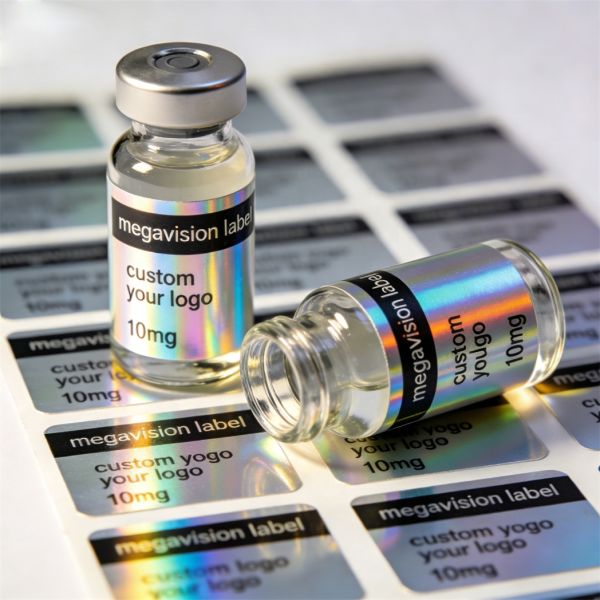 Customized Low Minimum Order Fast Shipping Peptide Roll Stickers Cold Storage Vials Silver Hologram Vinyl White BOPP