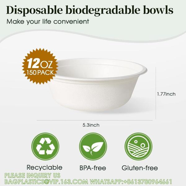 12 Oz Paper Bowls, Disposable Compostable Bowls, Biodegradable Soup Bowls Made Of Natural Bagasse, Eco-Friend