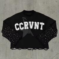 Clothing Manufacturers Custom Double Layer Long Sleeve Distressed Embroidery logo Rhinestone t Shirts Acid Washed Vintage Tshirt