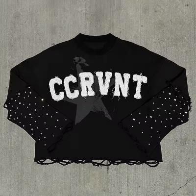 Clothing Manufacturers Custom Double Layer Long Sleeve Distressed Embroidery logo Rhinestone t Shirts Acid Washed Vintage Tshirt