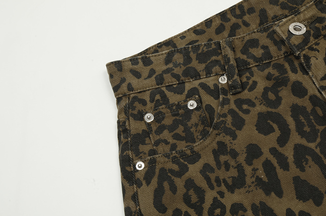 Non Stretch Sports Sweat Shorts Five Inch Leopard Print Denim Shorts Mid Waist