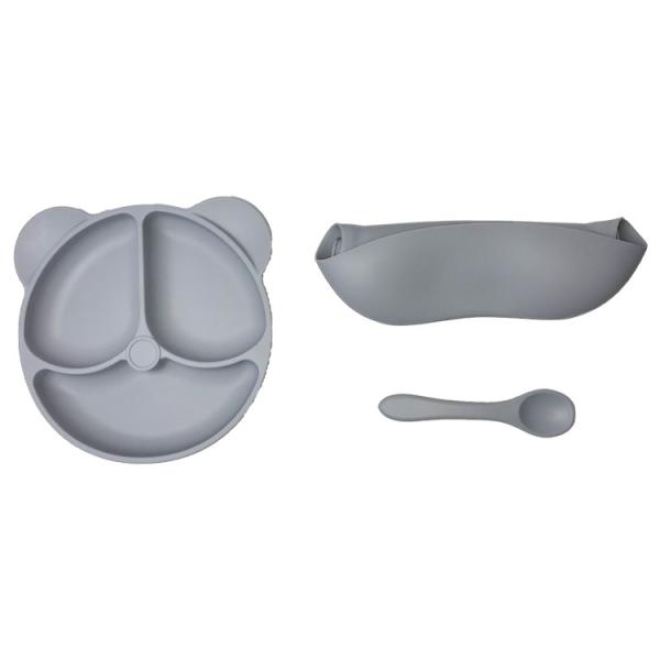 Food Plate Baby Dinnerware Silicone Feeding Set Customized Sizes Grey Bear Shape 3Pcs
