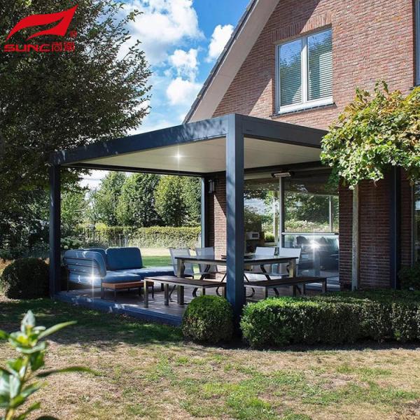 Jardim de alumínio controlado remotamente Pergola à prova de água e vento Gazebo ao ar livre