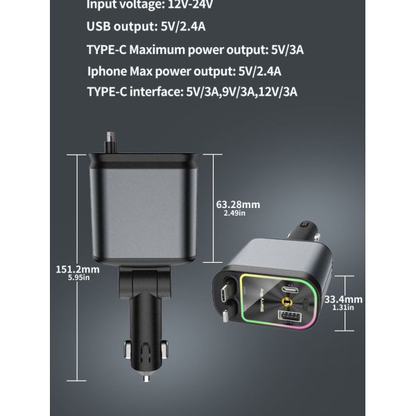 Rapid 4 In 1 Car Charger 66W Retractable Car Fast Charger