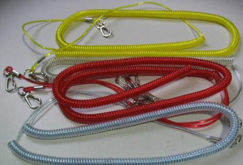 Transparent gray stianless wire rein-forced coil tether cord with egg hook & quick release