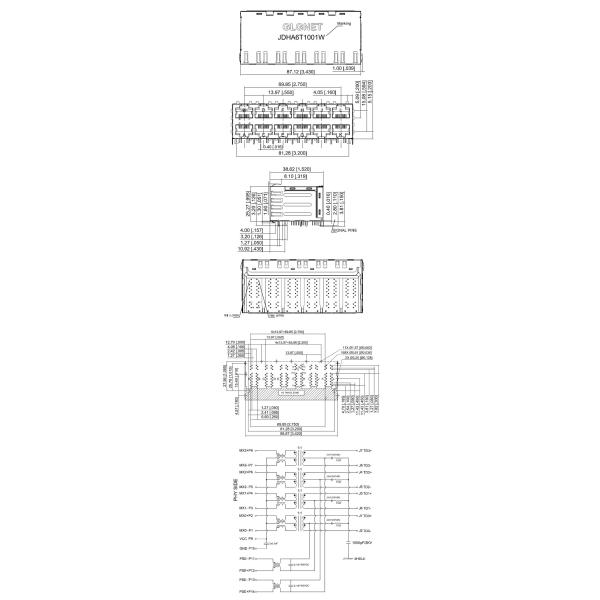 Universal UPOE+ 1000base T Connector 2x6 Ports Through Hole Mounting Type
