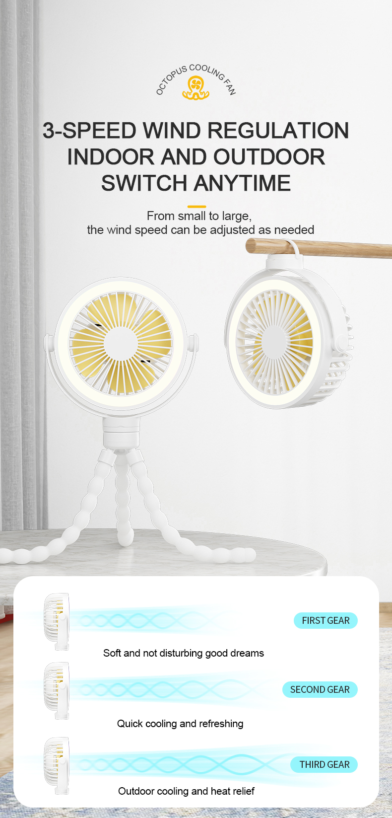 Wholesale Tailor Battery Capacity Flexible Arms Stand Rechargeable USB Portable Octopus Cooling Fan with LED Light