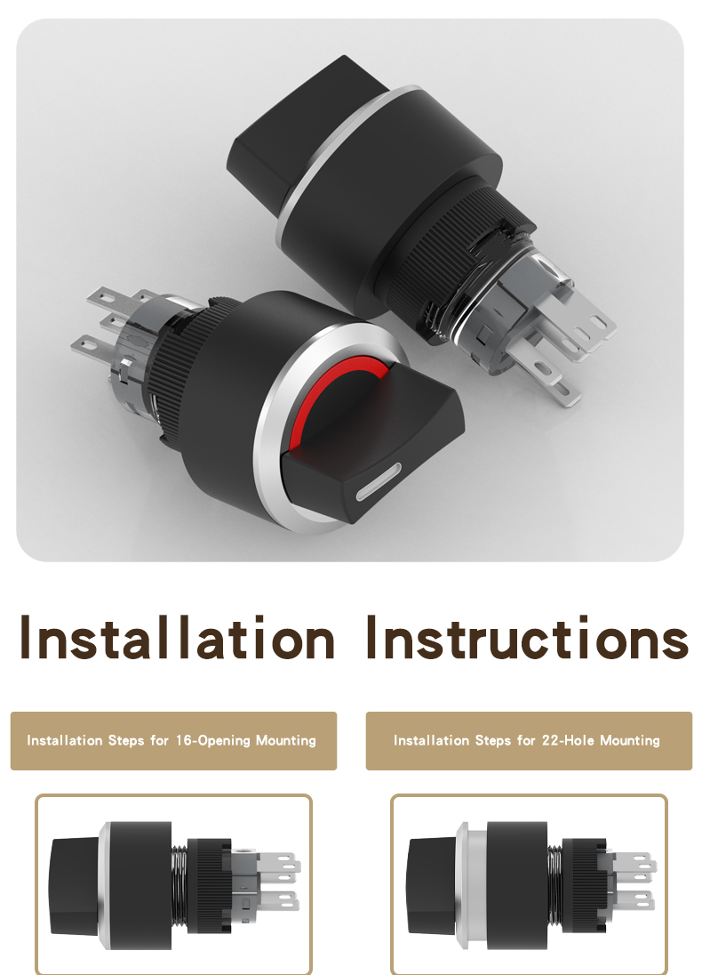 16/22mm LA22Y plastic illuminated push button switch, 2-speed/3-speed, self-reset/self-locking, 2 on 1 off, 2 on 2 off rotary switch