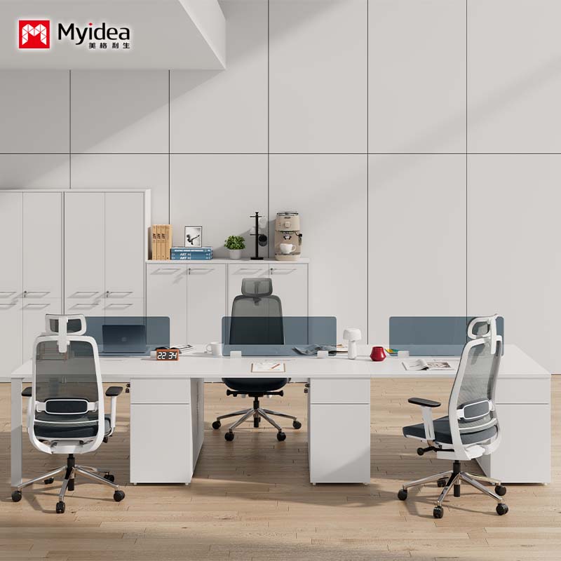 Commercial-Grade Staff Workstation – Opposing Desks with Glass Screen, Steel Frame, and Storage Compartments – Ideal for Corporate Offices.