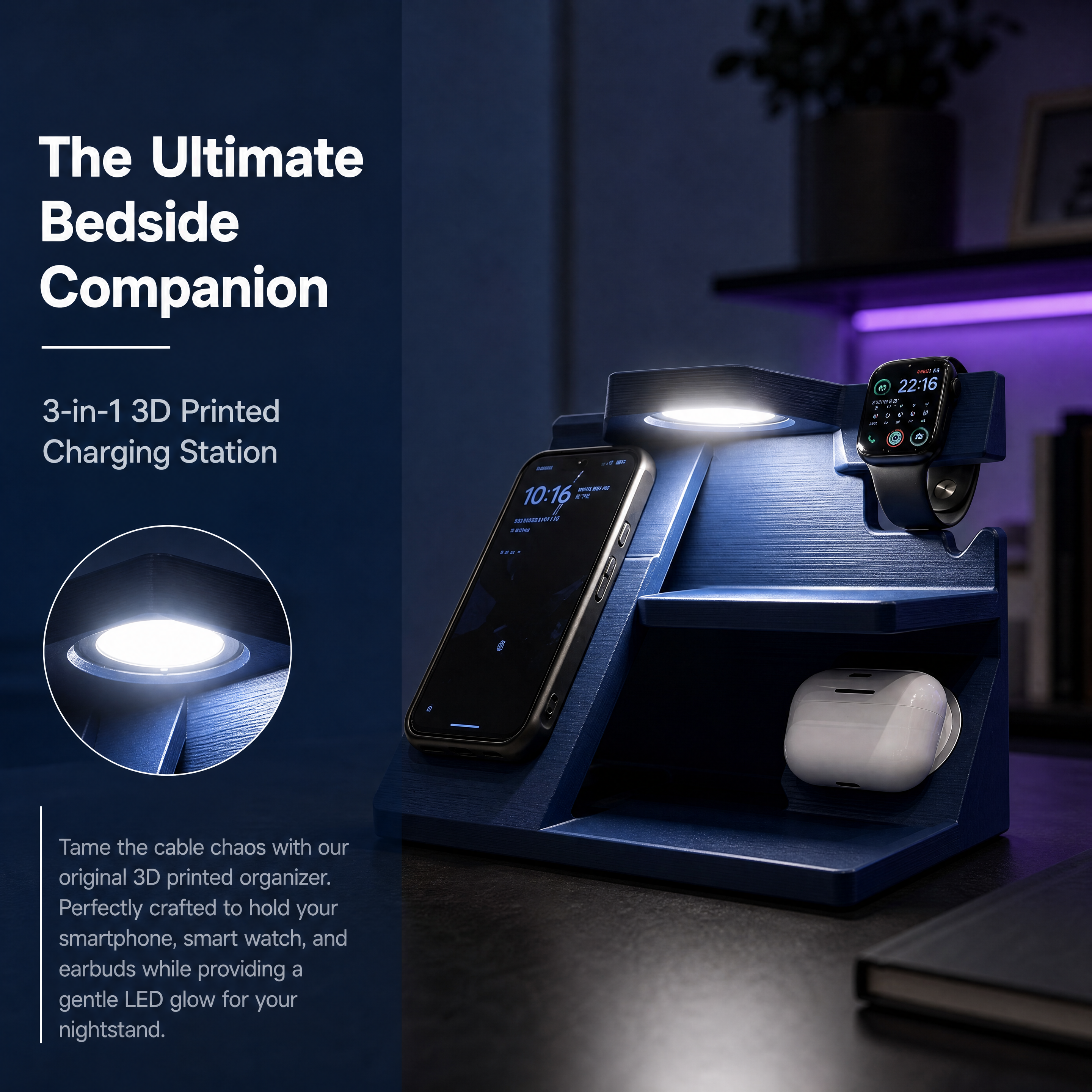 LED Night Light Charging Station 3 In 1 Organizer Bedroom 3d Printing Products To Sell