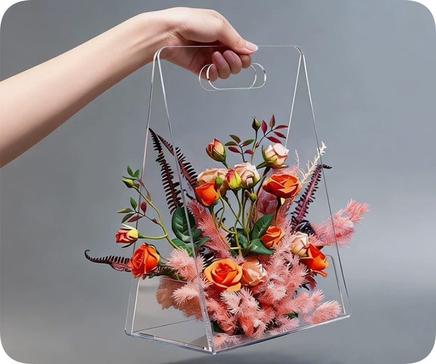 Acrylic Flower Tote Box, Clear Portable Flower Gift Box with Handle, Modern Floral Packaging for Wedding, Valentine's Day & Home Decor