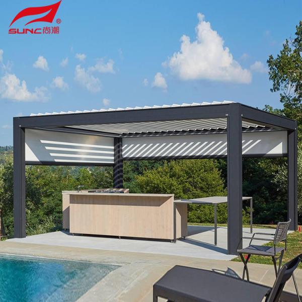 Jardim de alumínio controlado remotamente Pergola à prova de água e vento Gazebo ao ar livre