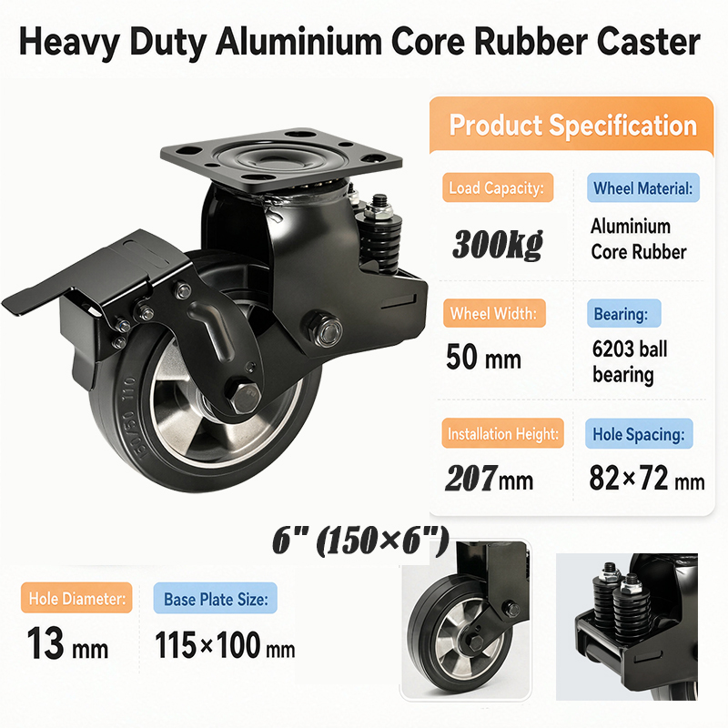 6" Industral Heavy Duty Aluminium Core Rubber Spring Caster 300 Kg Loading