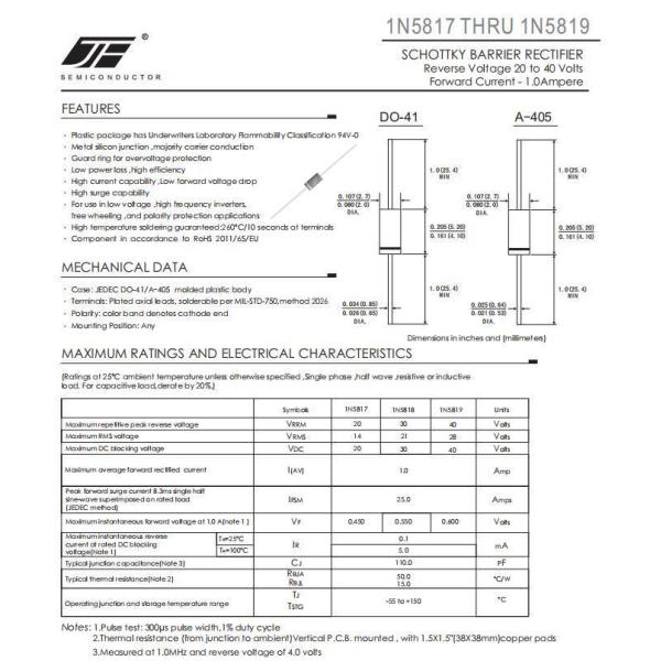 1N5819 1A 40V Schottky Barrier Rectifier Diode in Do-41 Package for Through Hole Power