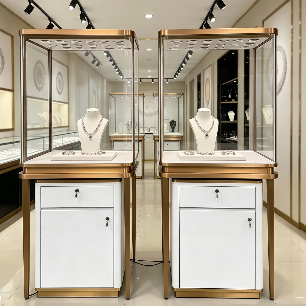 Luxury Rose Gold Jewelry Display Cabinet with Lockable Drawers and Customizable Design