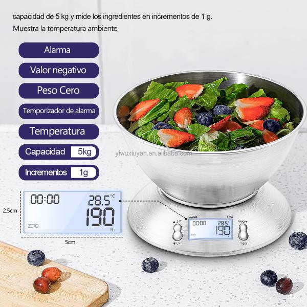 Escala de cocina digital de acero inoxidable de alta precisión 5 kg / 1g con tazón de masa de masa removible y batería de tiempo de habitación