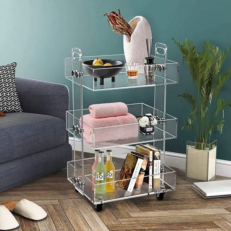 New Design Factory Customized Assembly Rolling Clear Lucite Perspex Food Trolleys Acrylic Storage Carts with Wheels