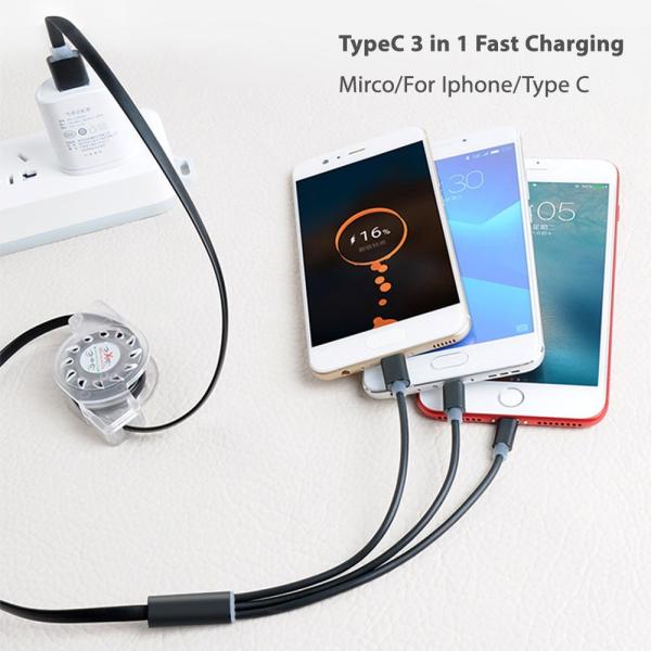 Customized Retractable 3 In 1 Braided Charging Cable For All Mobile Phone