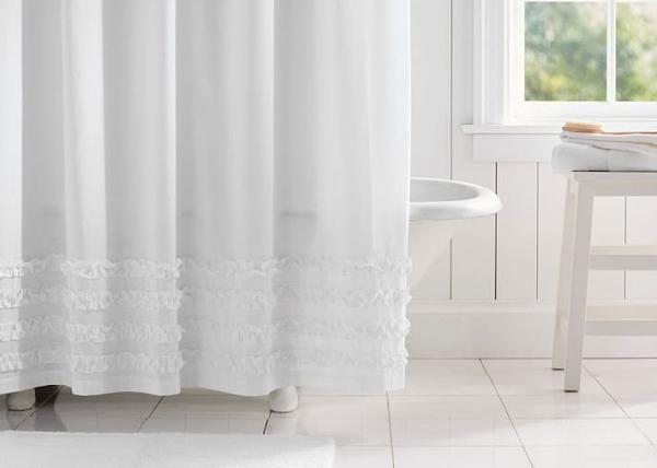 Pure Cotton Shower Curtains , Mini Ruffled Ticking Stripe White Shower Curtain