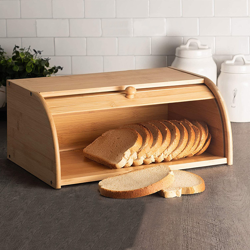 Bamboo Storage Box Rectangle-Shaped Rolling Shutter Door  Bread Snack Sundries Storage Bread Box for Kitchen Use