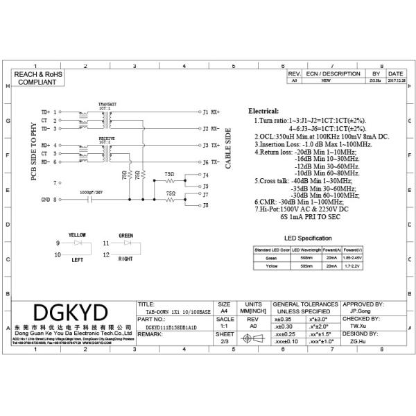Соединитель штепсельной вилки DGKYD111B138DB1A1D 8P8C RJ45 одиночный гаван с СИД