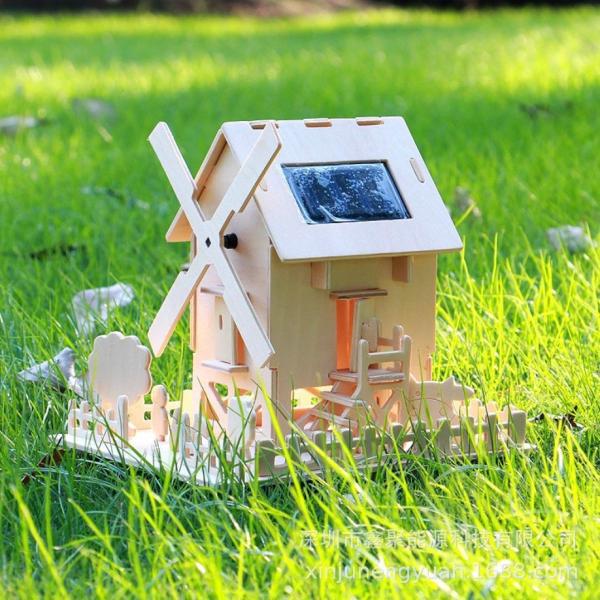 Environmental Solar Windmill Toy House DIY Educational Wooden Toy For Kids
