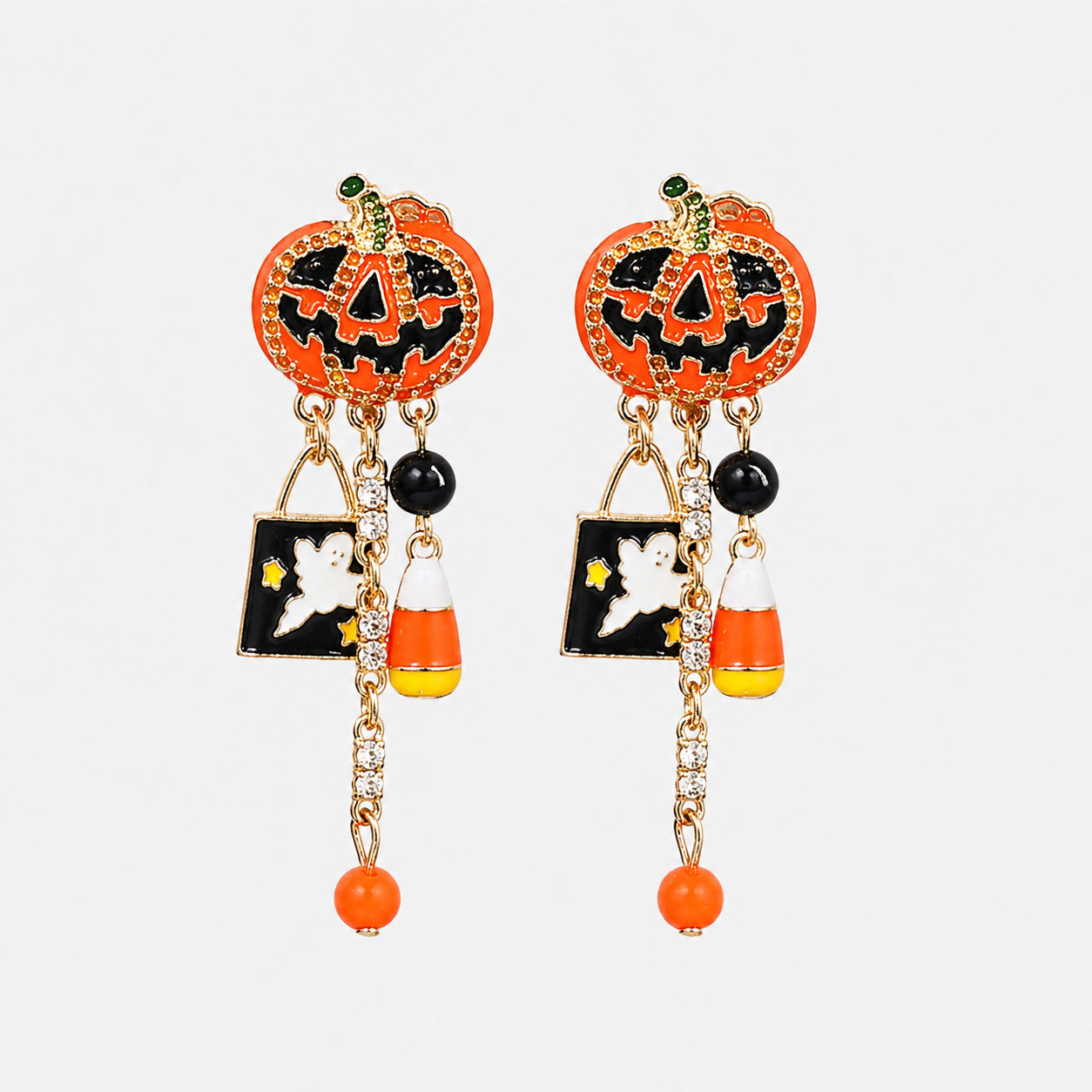 Halloween Pumpkin Dangle Earrings with Rhinestones, Ghost Charm & Candy Corn Drop | Spooky Holiday Fashion Jewelry