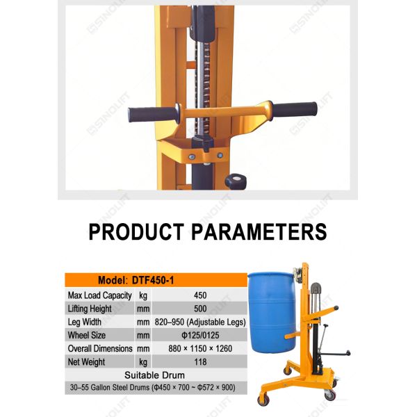 DTF450-1 Foot-Operated Hydraulic Drum Truck (Adjustable Support Legs)