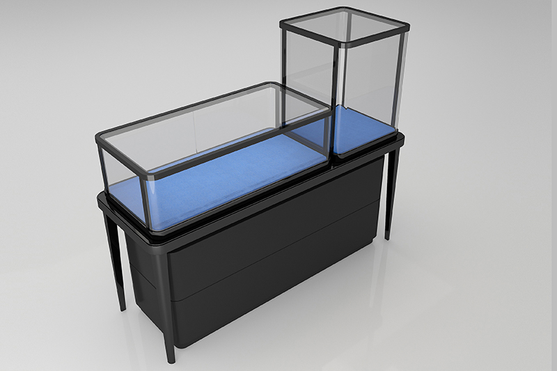 Custom Modular Jewelry Island Counter, Combined Glass Display Case, Metal Frame, Velvet Liner For Jewelry Boutique