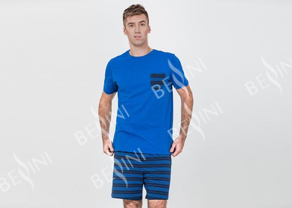 Mens Cotton Jersey Round Neck Tee and Yarn Dyed Striped Short Pants Pyjamas Set Functional Placket Side Pockets
