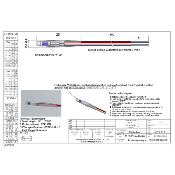 High Temperature Plastic Sealed RTD CLASS a PT100 Temperature Sensor for Transformer Coil Motor Winding