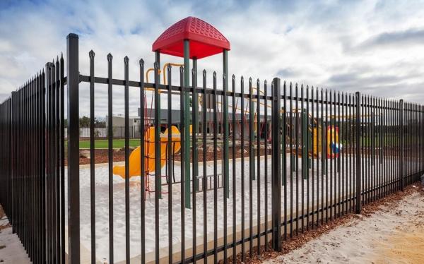 Black powder coated spear top galvanised tubular metal fence