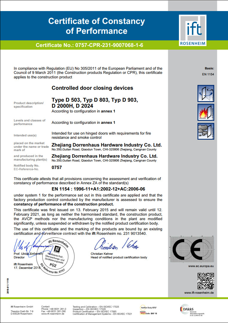 Zhejiang Dorrenhaus Hardware Industrial Co., Ltd. Сертификации
