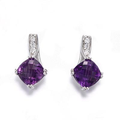 brincos da ametista do ouro branco do coxim de 2.18g Sterling Silver Gemstone Stud Earrings