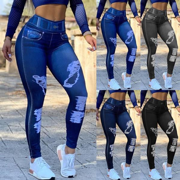 Assentamento do lápis do estiramento da sarja de Nimes do falso de Jean Yoga Pants High Waist das caneleiras das calças justas da ioga ocasional