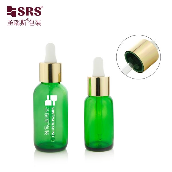 BOS005-30ml UV-Protected Green Glass Dropper Bottles With Gold Tamper Cap For Premium Skincare Serums 20-400 Thread