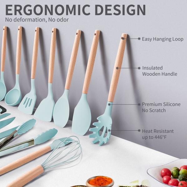 Wooden Handle 19-Piece Silicone Kitchen Utensil Set with Cutting Board Storage Bucket