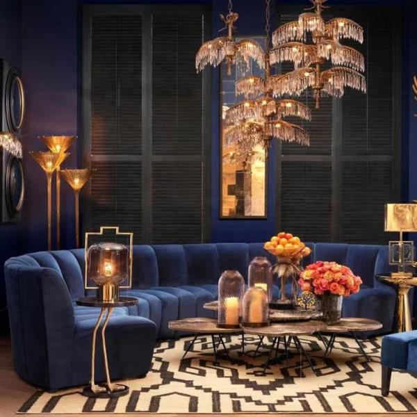 Modern Living Room Navy Blue Velvet Sofa Hotel Lobby Curve Arc Velvet Sofa