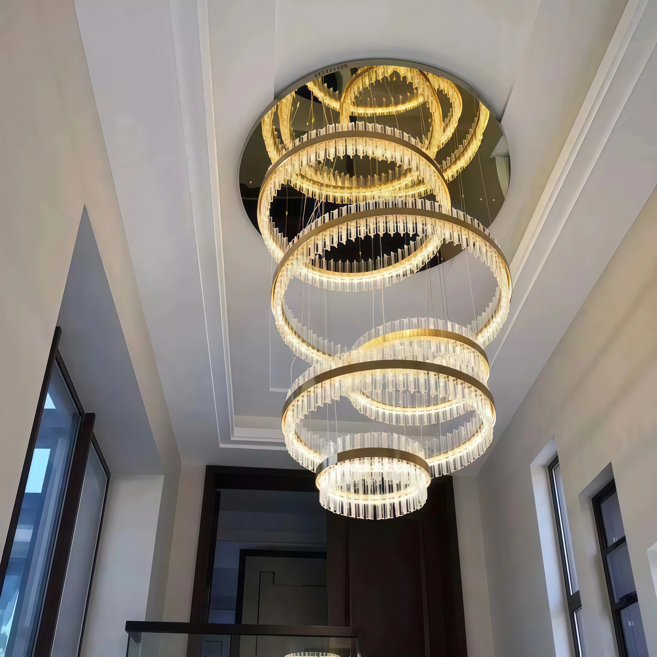 JYLIGHTING Multi-Tier Circular Crystal Pendant Light with Stainless Steel Frame, Height Adjustable Ring Chandelier for High Ceiling Commercial Projects