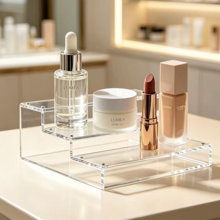 Custom Clear Acrylic Display For Cosmetics With 3 Floors Cosmetics Perspex Display Stand