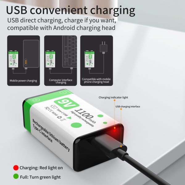 1100mAh 9V Lithium Rechargeable Battery Pack USB-C For Power Tools And Home Appliances