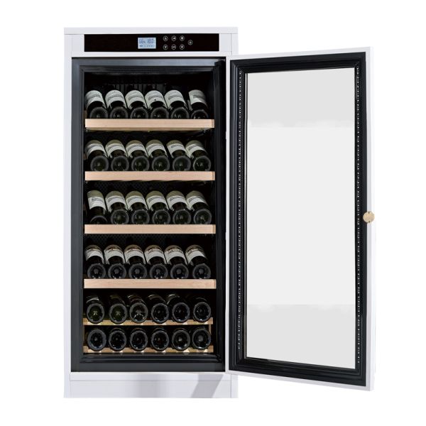 Elegant White Wood Wine Cabinet with Digital Touch Panel Adjustable Shelves and LED Interior Light