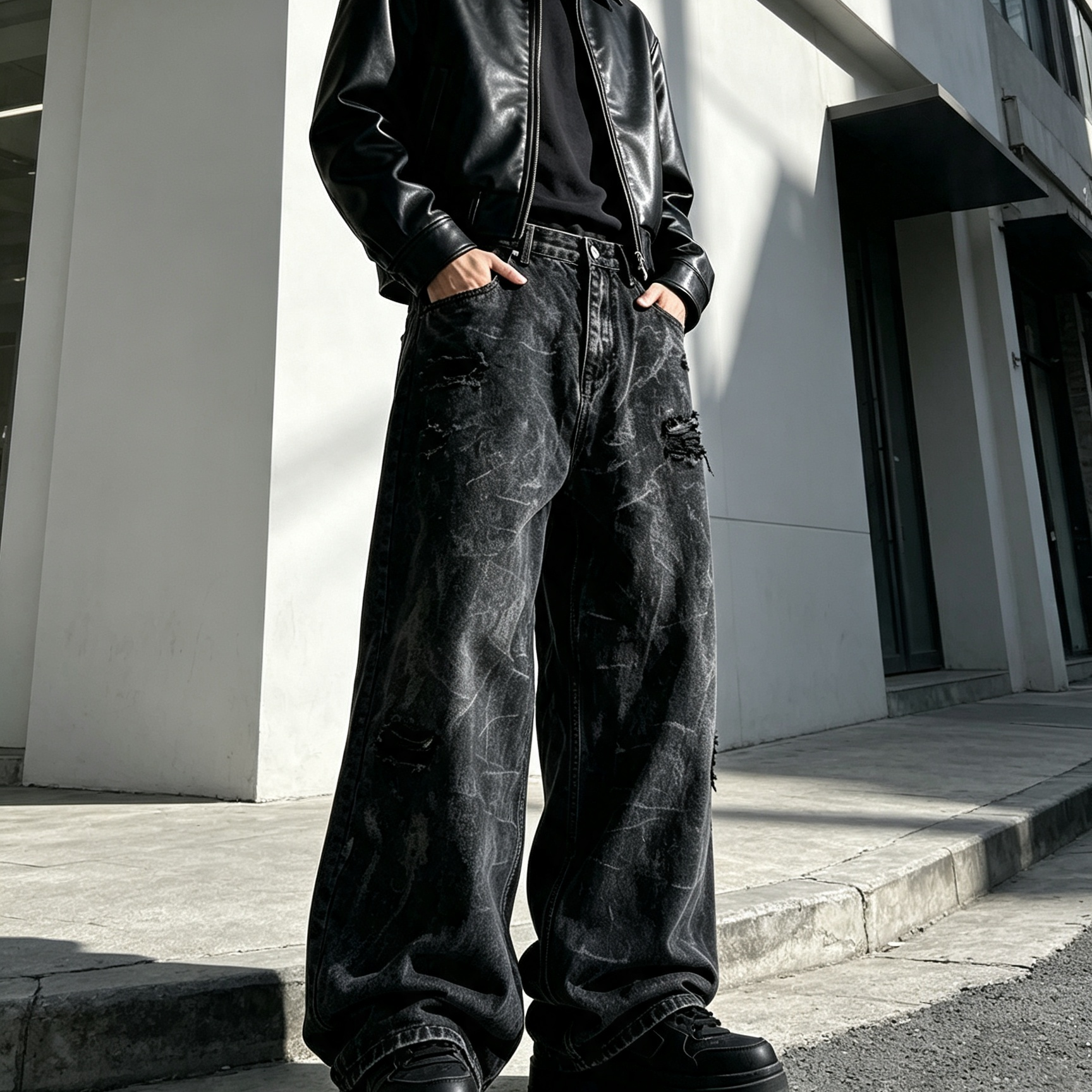 Distressed Mid Rise Wide Leg Jeans Straight Fit Men's Jeans Black Gray
