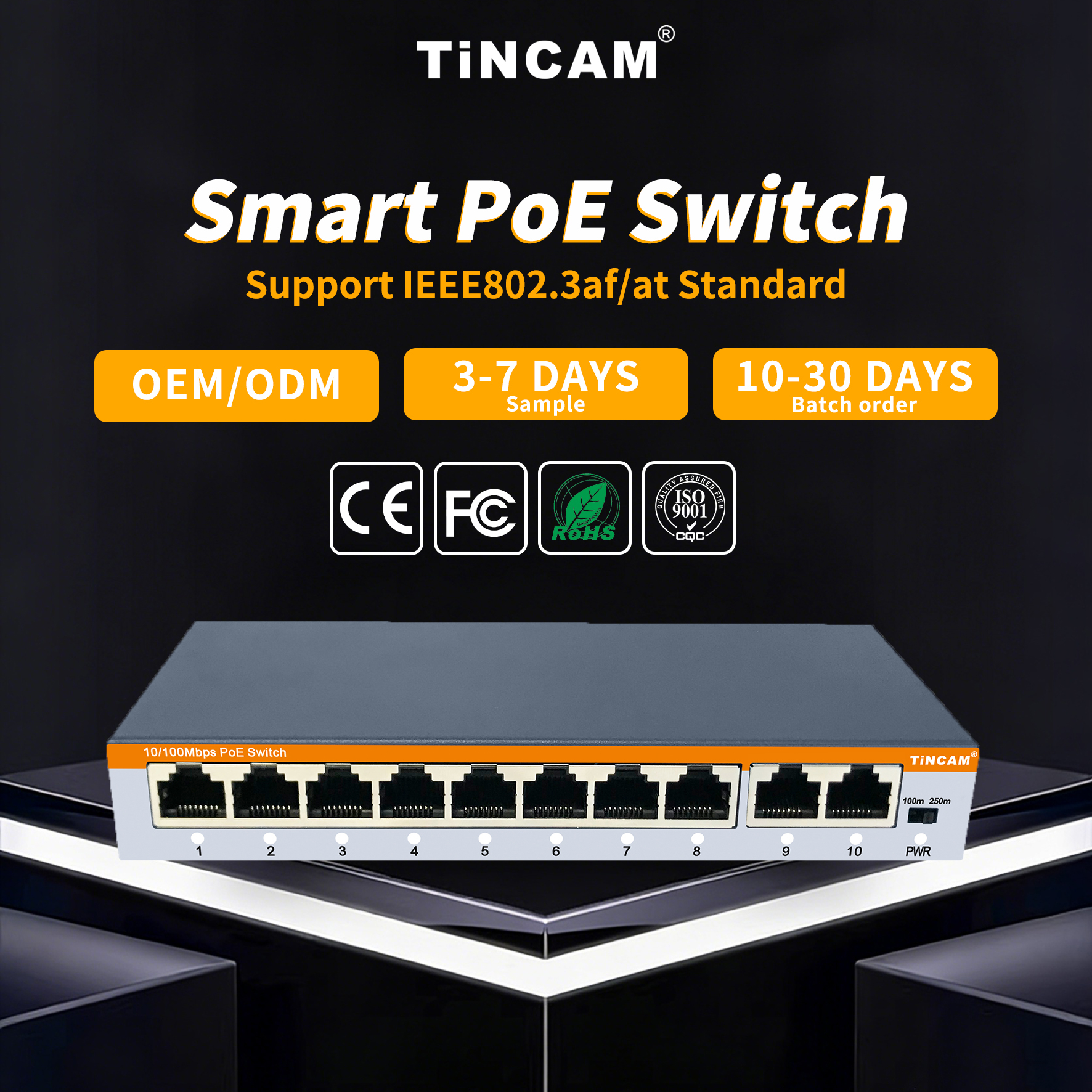 8-Port 10/100Mbps PoE Switch with 2 Uplink Ports 250m Extend VLAN IEEE 802.3af/at 96W Built-in Power Supply Unmanaged Metal Network Switch TBC-PS4310E
