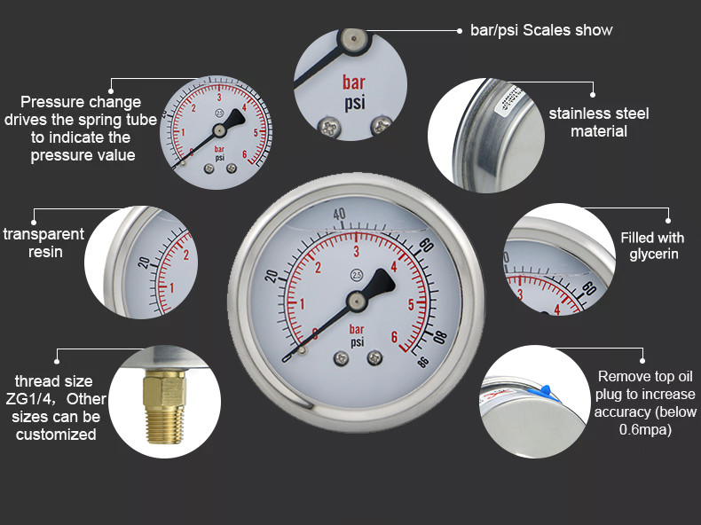 60mm 60bar 304SS Back Threaded Connection Manometer Bourdon Tube Clamp-On Pressure Gauges